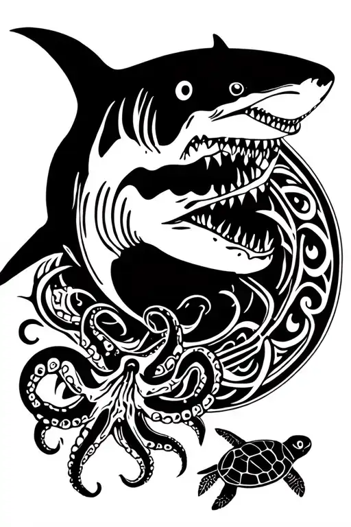 hammerhead shark with manta ray, octopus, and turtle inside  tattoo design idea
