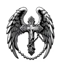 Cross with Rosary wrapped around and angel wings on the side with enough space cross to put a birth and death date tattoo design idea