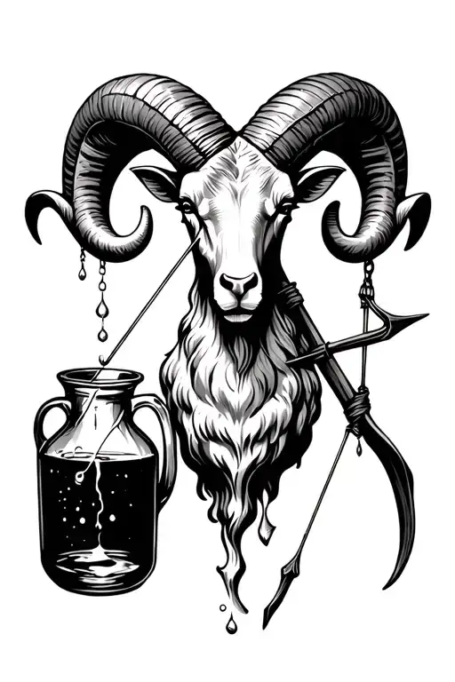 Aries Aquarius Sagittarius. half rams head joint with bow and arrow and jug poring water hanging on rams horn  tattoo design idea