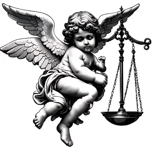 cherub holding scale balanced with magnet behind cherub  tattoo design idea