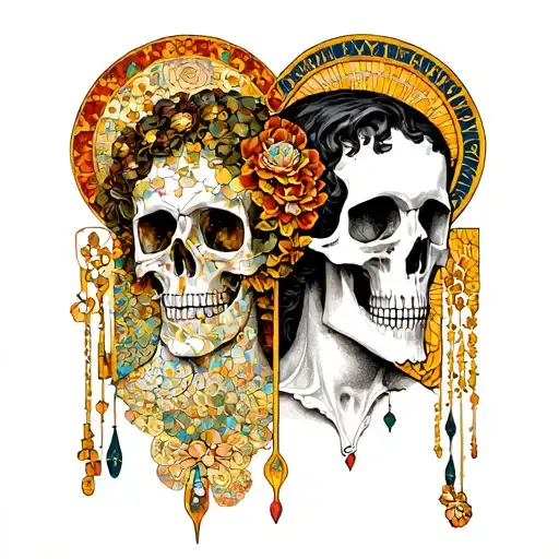 Tattoo in the style of Gustav Klimt on a metaphorical representation of life and death in the form of Eros and Thanatos tattoo design idea