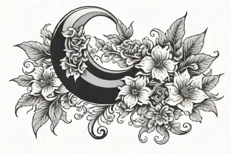crescent moon with flowers tattoo design idea