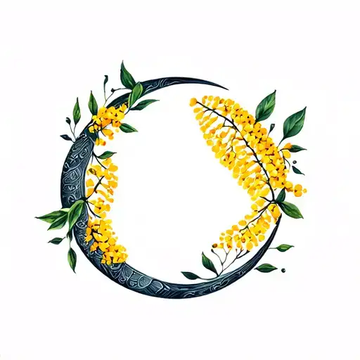 crescent moon with mimosa flowers wrapping around it tattoo design idea