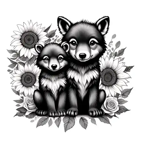 cute baby wolf and bear sitting with sunflowers and roses. black tattoo design idea