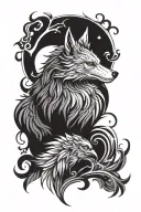 A striking tattoo design for the right arm, blending a phoenix, wolf, and a girl into one cohesive and symbolic illustra tattoo design idea