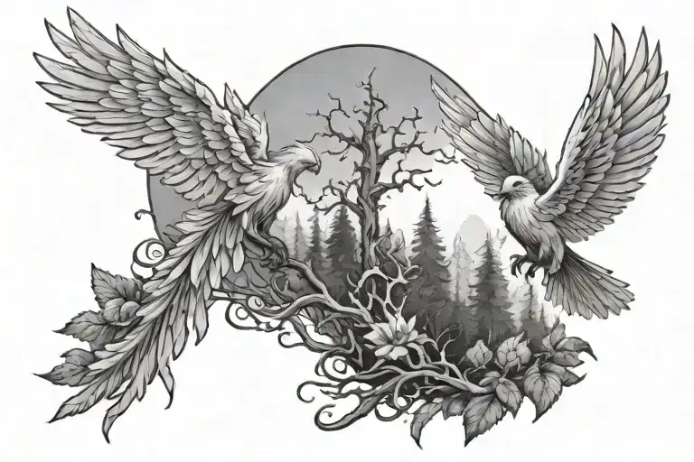 Forest with a angel and phoenix rising from the ashes tattoo design idea