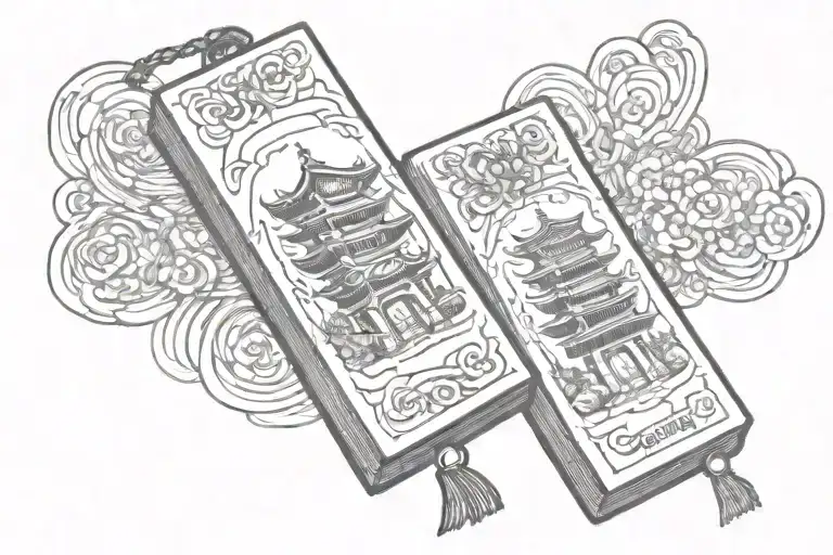 a pagoda coming out of the omamori charm tattoo design idea