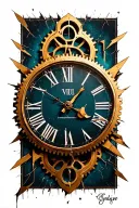 broken clock face, Roman numeral, cog tattoo design idea