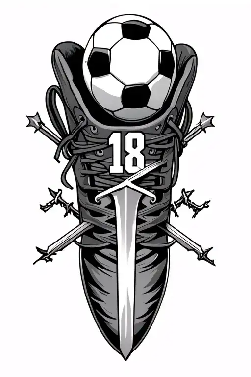 A tattoo of a soccer shoe with a soccer ball on top, the number 18, a broken sword, and the word hope. tattoo design idea