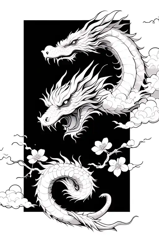 Japanese dragon with cherry blossoms and clouds  tattoo design idea