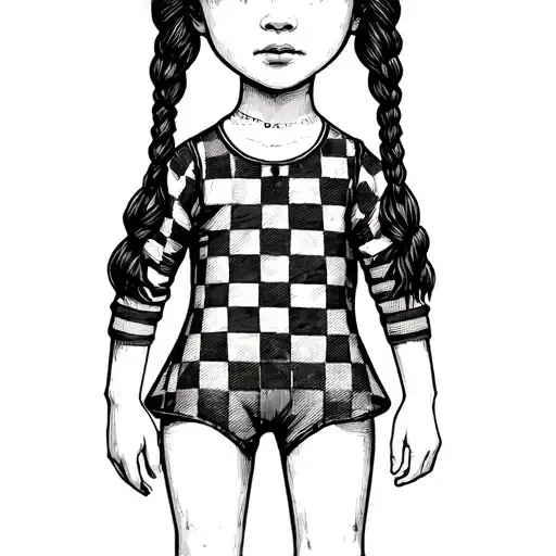 Child Wednesday Adams with Braids wearing checkered full length body suit tattoo design idea