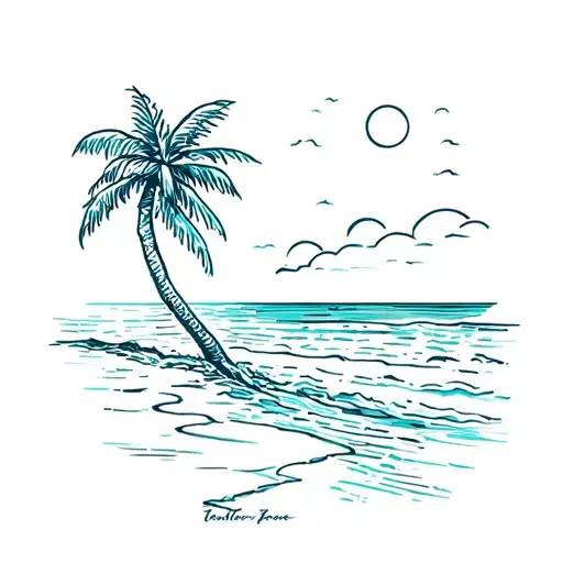 coconut tree, beach and sun rising tattoo design idea