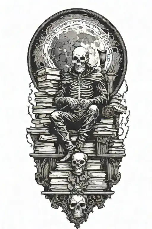 A dark figure sitting on a throne of books and skull. Full moon above. Bats flying. tattoo design idea