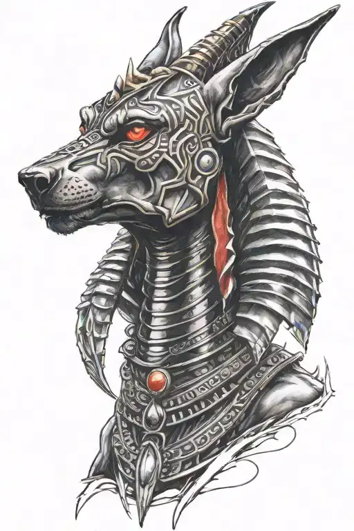 Anubis who grinds his teeth with red eyes looking tattoo design idea
