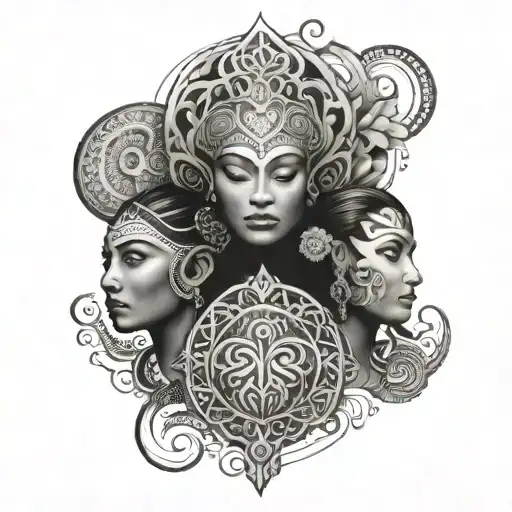 Create a tattoo featuring the client's 2 daughters and son surrounded by Maori patterns to symbolize family unity and heritage tattoo design idea