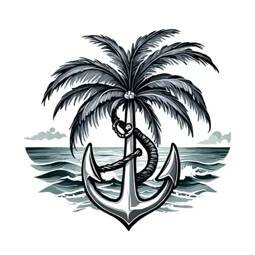 Cruise anchor waves beach palm tree girly flower tattoo design idea