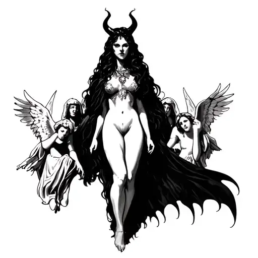 shadowy sultry feminine devil standing over a workshop of sleeping angels and saints  tattoo design idea
