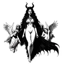 shadowy sultry feminine devil standing over a workshop of sleeping angels and saints  tattoo design idea