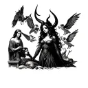 shadowy sultry feminine devil standing over a workshop of sleeping angels and saints  tattoo design idea