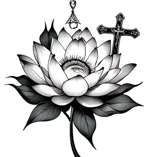 Lotus Flower with Roasary and Cross with Yahweh tattoo design idea