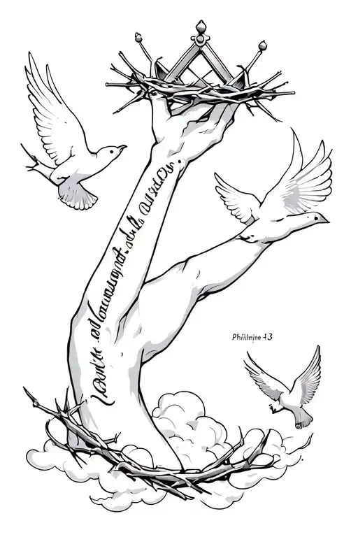 Philippians 4:13 written with a crown of thorns written on the forearm finished arm with clouds and doves  tattoo design idea