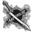 a sword with "arthur" written on the blade and a crown above the hilt tattoo design idea