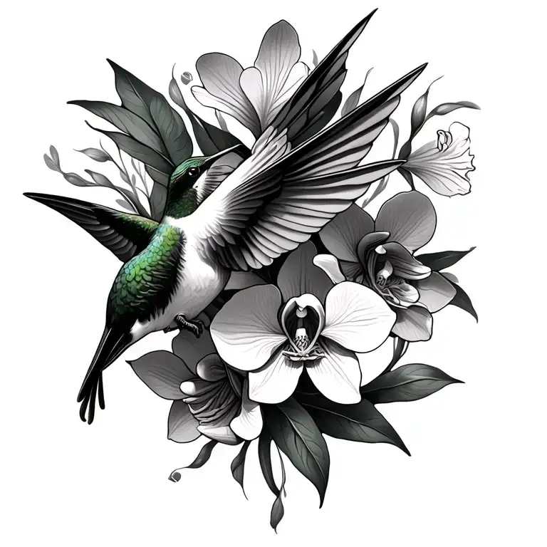 humming bird with orchids intertwined tattoo design idea