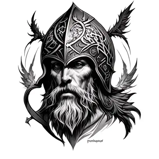 sleeve tattoo with all the elder fathrac runes and helm of awe tattoo design idea