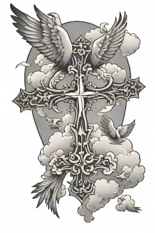 cross with doves and clouds floating tattoo design idea