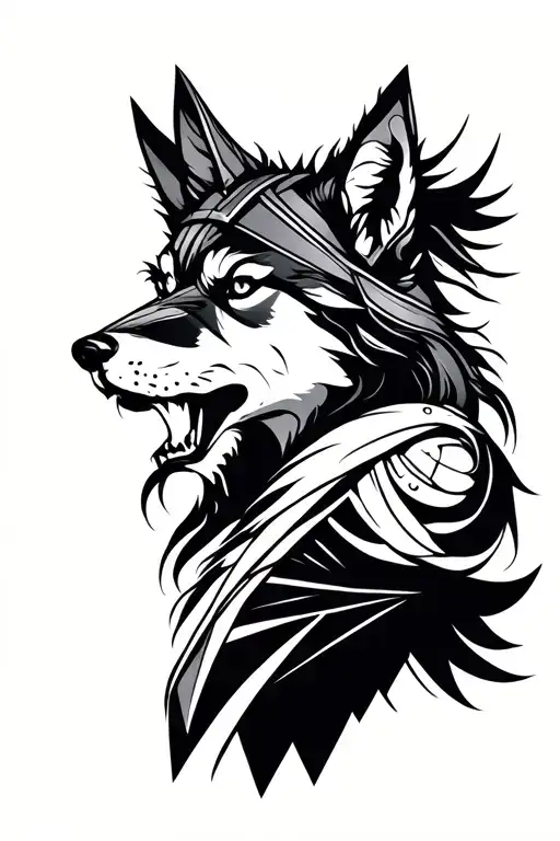 a viking woman and an aggressive wolf tattoo design idea