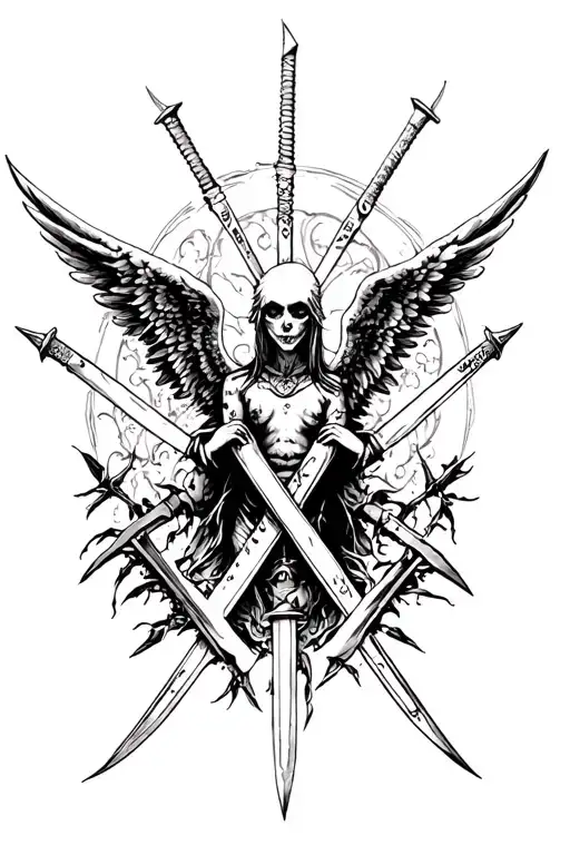 Bad Angel surrounded by knives crossed tattoo design idea