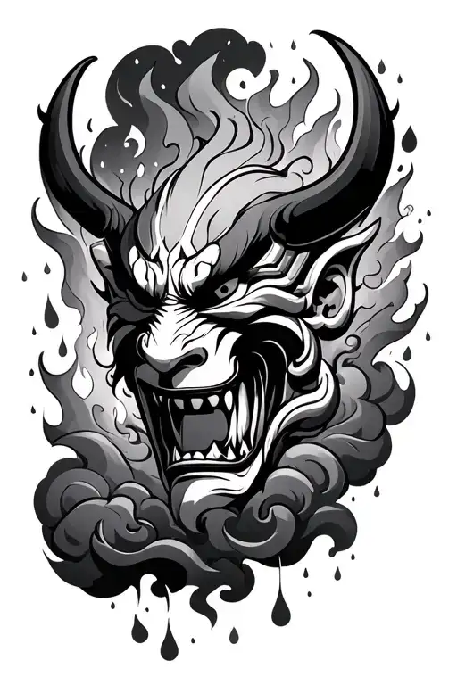 Japanese oni mask surrounded by clouds fire rain tattoo design idea