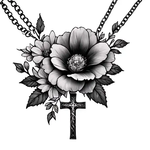 flowers and cross necklace tattoo design idea