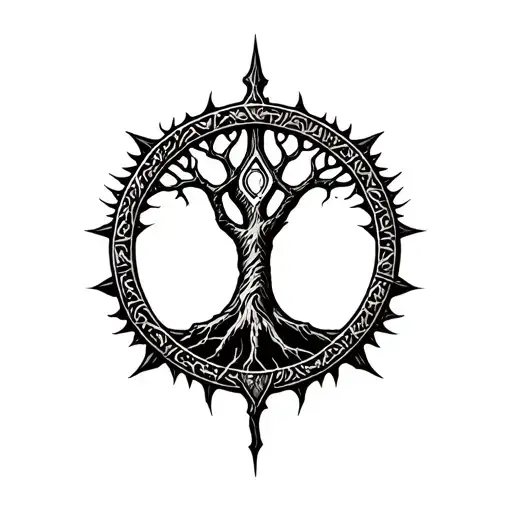 the Elden ring rune symbol incorporated with tree of gondor tattoo design idea