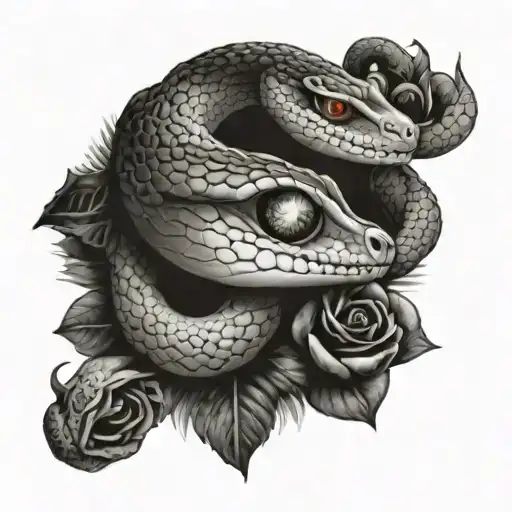 a snake with an eye in the middle of its head, wrapping its body around a cherub tattoo design idea