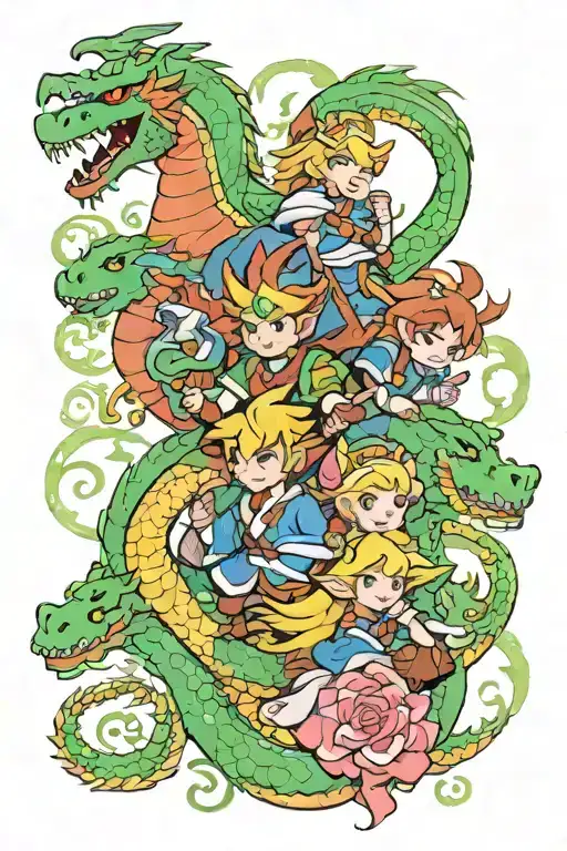 the four dragons from tears of the kingdom flying towards link and zelda embracing tattoo design idea