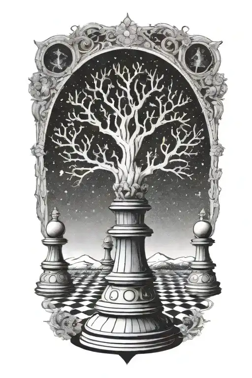 A mystical tree growing chess pieces under a starlit sky in dotwork style tattoo design idea