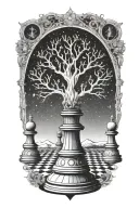 A mystical tree growing chess pieces under a starlit sky in dotwork style tattoo design idea
