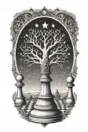 A mystical tree growing chess pieces under a starlit sky in dotwork style tattoo design idea
