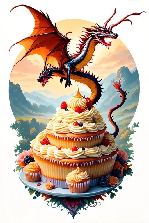 A majestic dragon flying over a landscape of giant cakes and cupcakes tattoo design idea