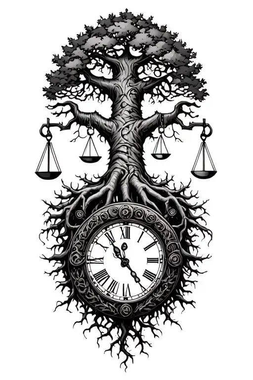 midevil tree of life with roots, knucklehead engine, libra scales, time tattoo design idea