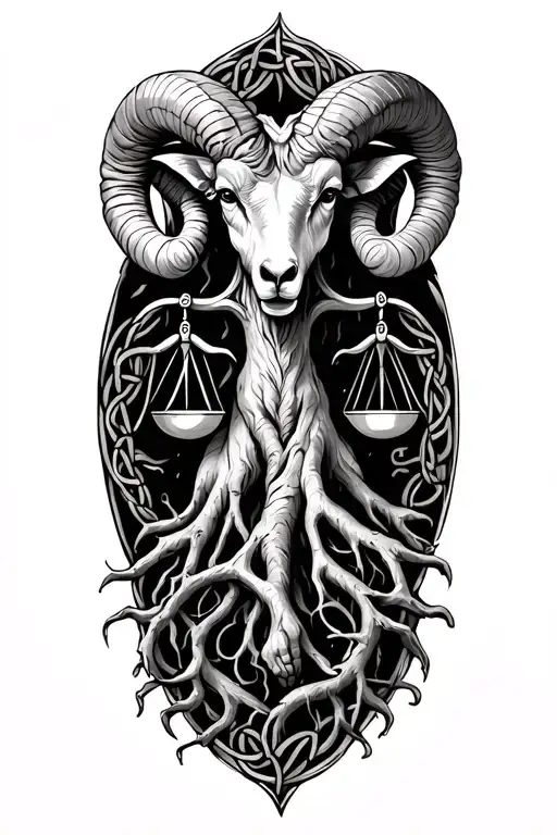 Aries Ram and Libra Scales Celtic Oak Tree Roots tattoo design idea