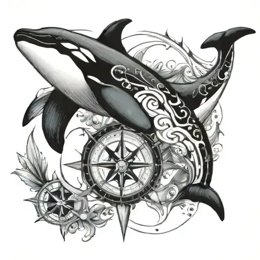 orca with compass tattoo design idea