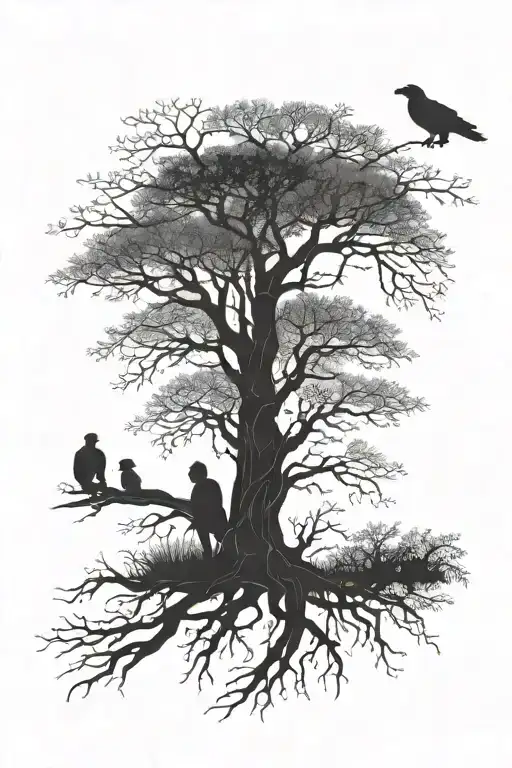 silhouette willow tree with dad and daughter leaning on the tree with an eagle and geeko tattoo design idea
