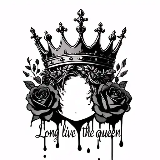 "Long live the queen" "Long live the queen" "Long live the queen" Black melting queen crown  with blac roses around the crown tattoo design idea
