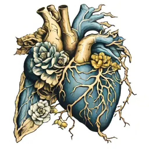 Kintsugi heart anatomy tattoo with flowers intertwined tattoo design idea