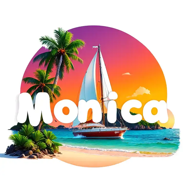 "Monica" foreground white sailboat, sunrise sky small background distant island palm tree ocean vibrant beach bubble letter botto tattoo design idea