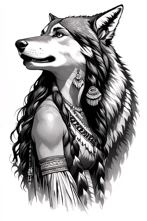 Howling Wolf in the background with an Indian woman like Disney Pocahontas who looks into the distance in SC tattoo design idea