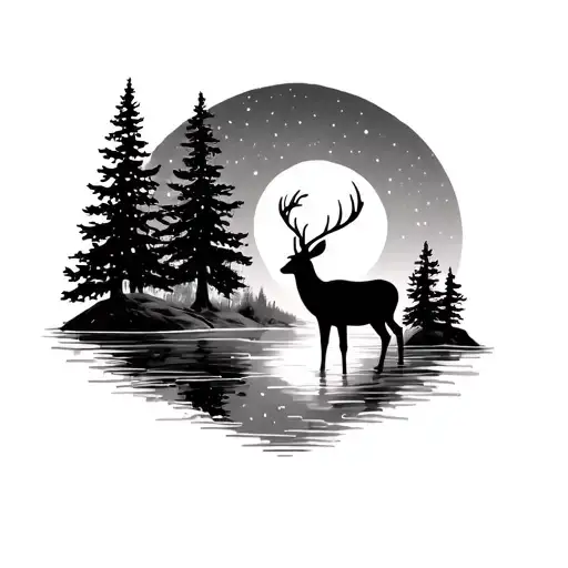 a fir forest, a deer, a moon, and water tattoo design idea