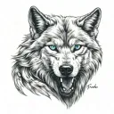 white wolf with blue eyes with scarface with sharp teeth  tattoo design idea